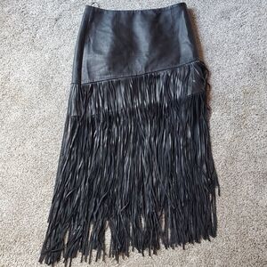 Black Fringe Leather Midi Skirt